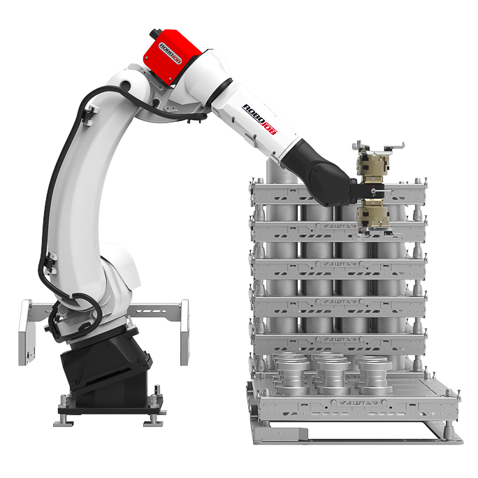 Bras robotisé de la marque ROBOJOB permettant le chargement et déchargement de pièces mécanique vue de profil